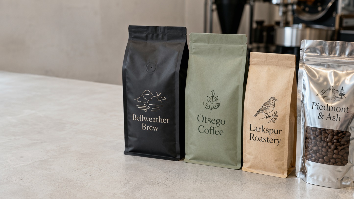 Custom-printed coffee bags with a degassing valve on a roastery counter